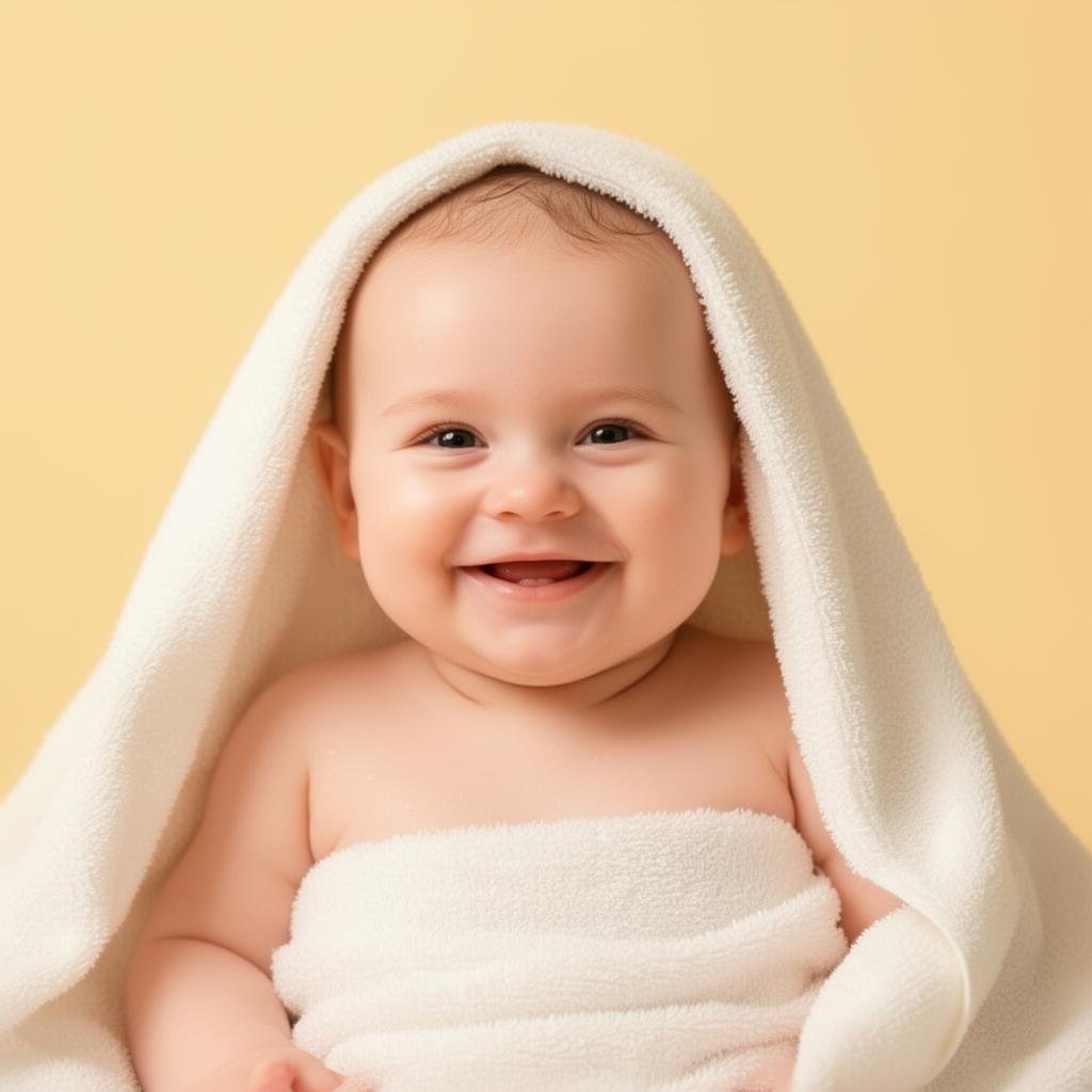 Happy baby wrapped in a soft white towel. Inexderma gentle skincare for newborns.