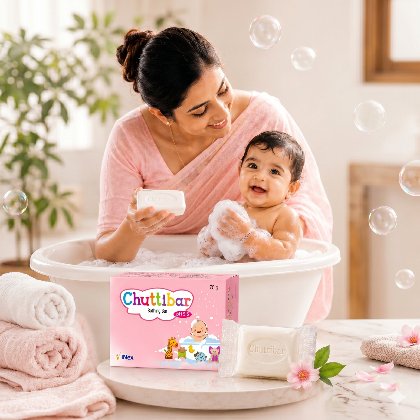 A mother smiling warmly at her baby